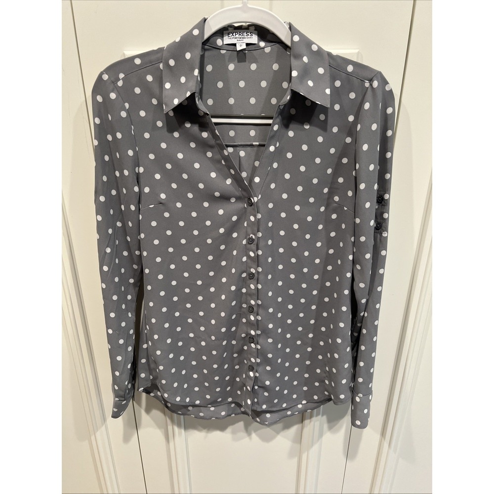 Express Portofino Slim Fit Shirt Size Small Gray & White Polka Dot Office Career